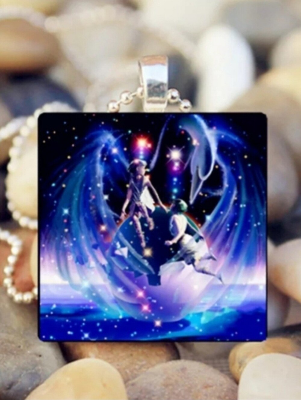 Galaxy Angels Stars Picture Tile Pendant Long Chain Sweater Necklace
